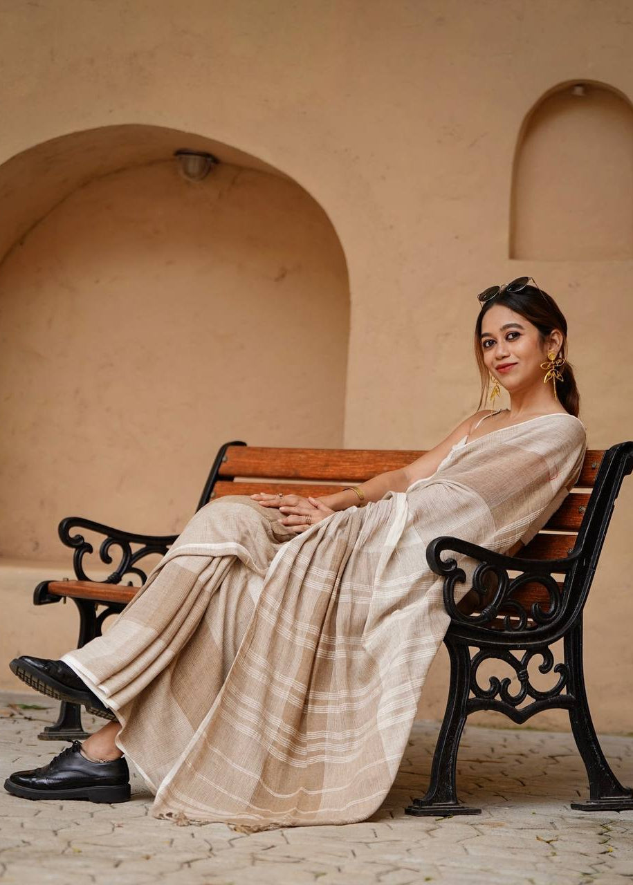 Shriwal Earthy Beige Linen Cotton Digital Saree