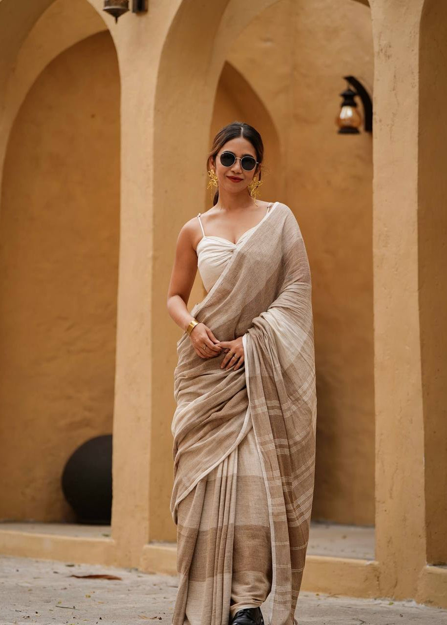 Shriwal Earthy Beige Linen Cotton Digital Saree