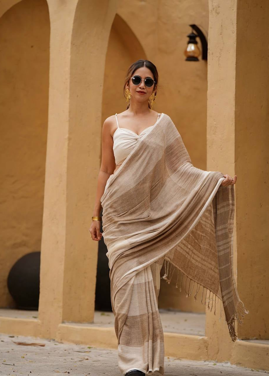 Shriwal Earthy Beige Linen Cotton Digital Saree