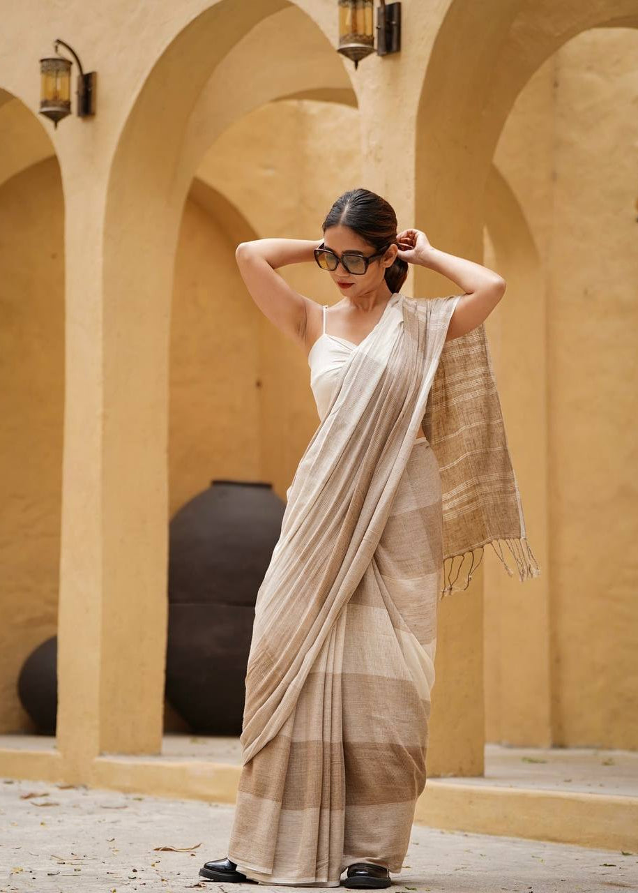Shriwal Earthy Beige Linen Cotton Digital Saree