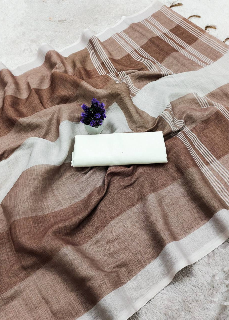 Shriwal Earthy Beige Linen Cotton Digital Saree