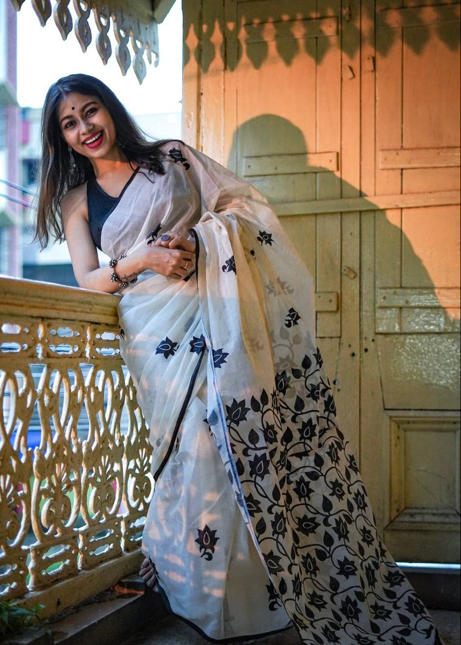 Shriwal Ivory Bloom Linen Cotton Digital Saree