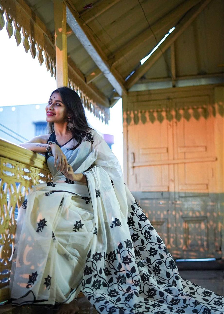 Shriwal Ivory Bloom Linen Cotton Digital Saree