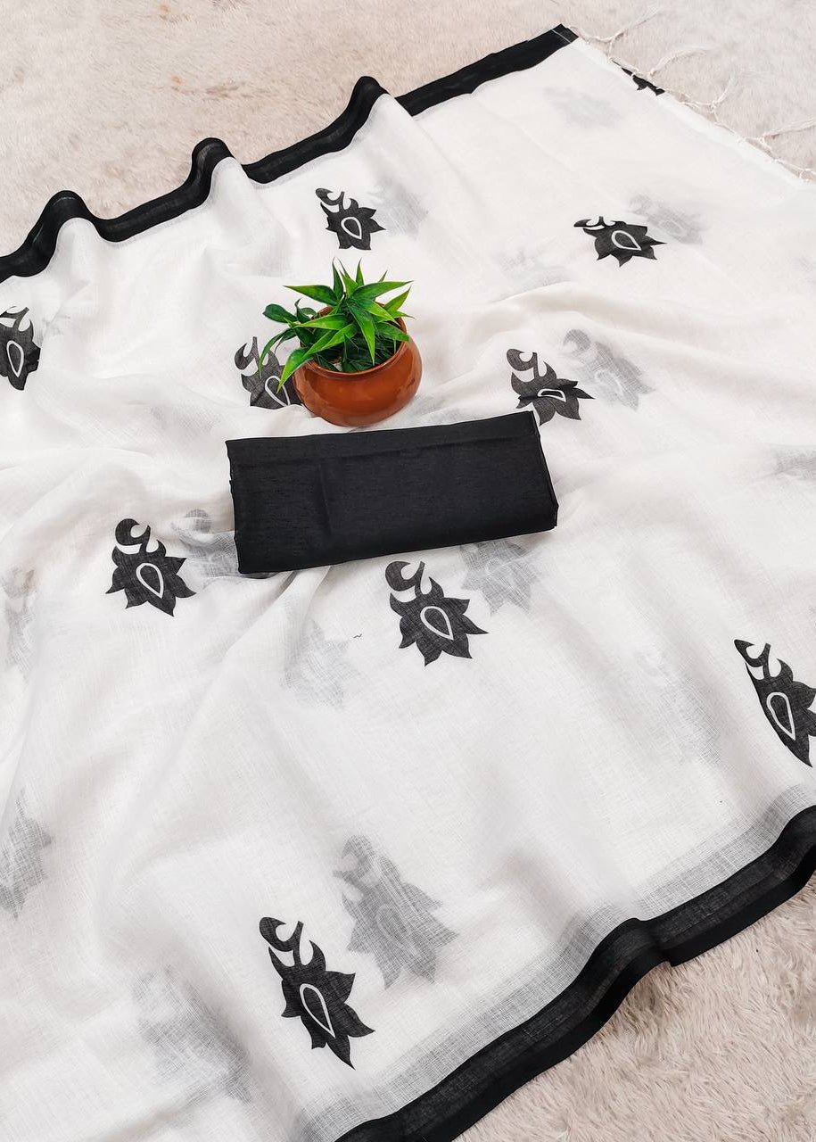 Shriwal Ivory Bloom Linen Cotton Digital Saree