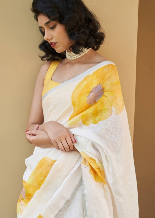 Shriwal Pushp Leher Linen Cotton Digital Saree(5 Colours)