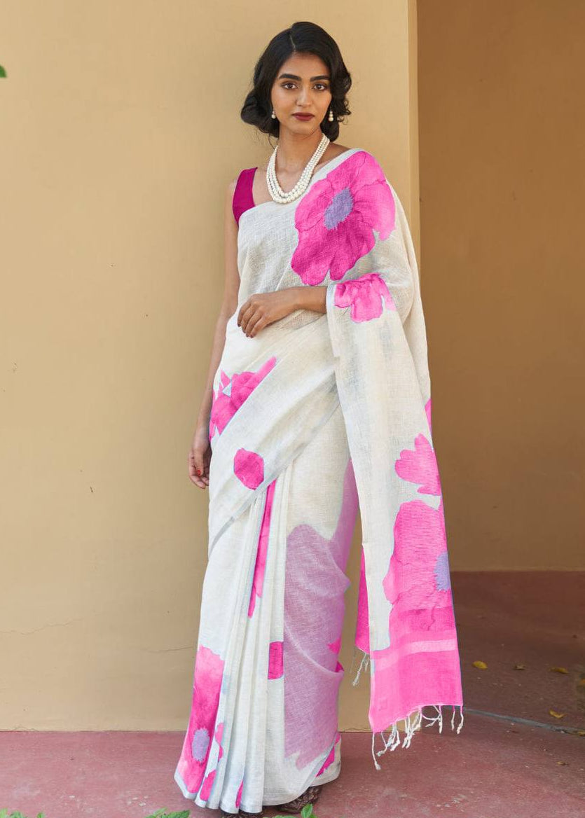 Shriwal Pushp Leher Linen Cotton Digital Saree(5 Colours)