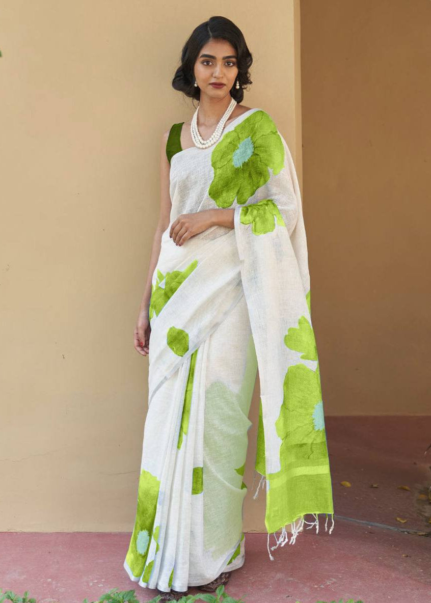 Shriwal Pushp Leher Linen Cotton Digital Saree(5 Colours)