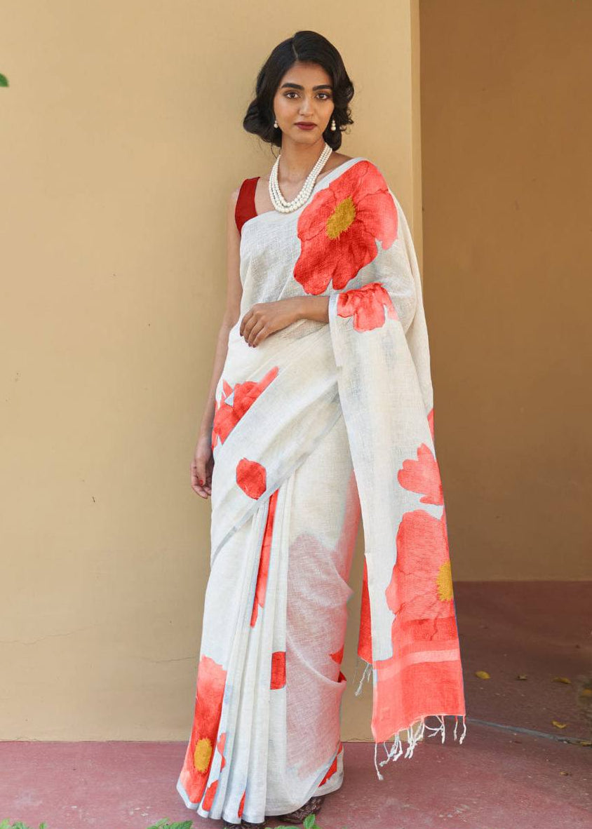 Shriwal Pushp Leher Linen Cotton Digital Saree(5 Colours)