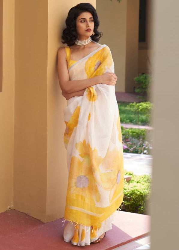 Shriwal Pushp Leher Linen Cotton Digital Saree(5 Colours)