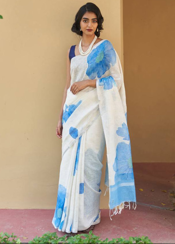 Shriwal Pushp Leher Linen Cotton Digital Saree(5 Colours)