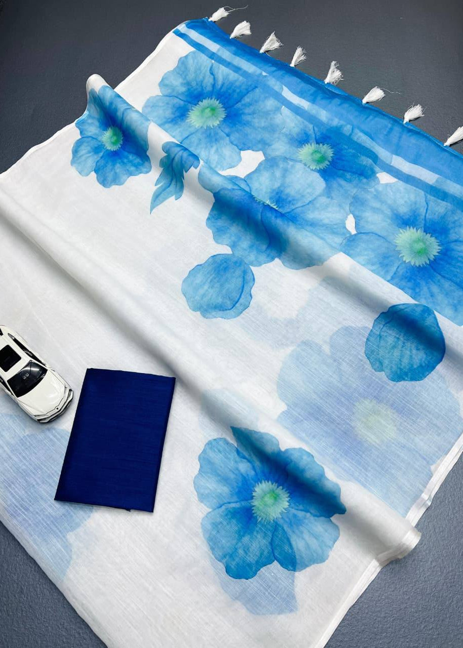 Shriwal Pushp Leher Linen Cotton Digital Saree(5 Colours)