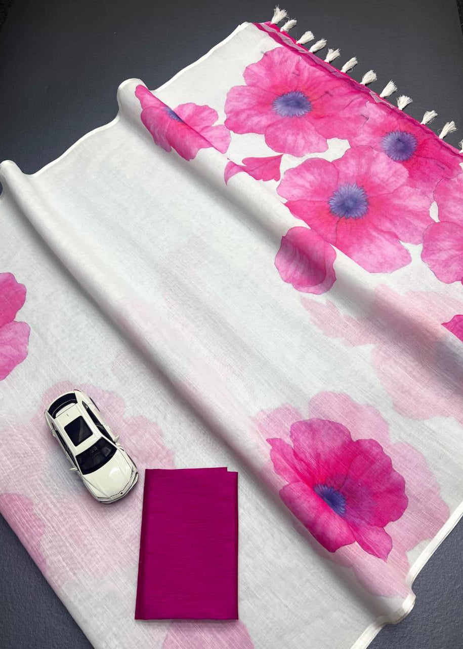 Shriwal Pushp Leher Linen Cotton Digital Saree(5 Colours)