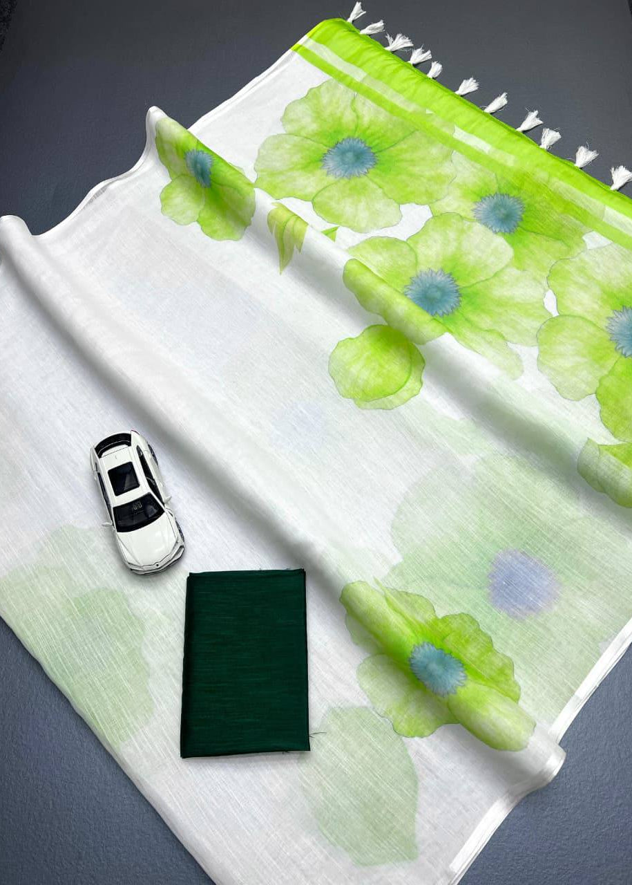 Shriwal Pushp Leher Linen Cotton Digital Saree(5 Colours)