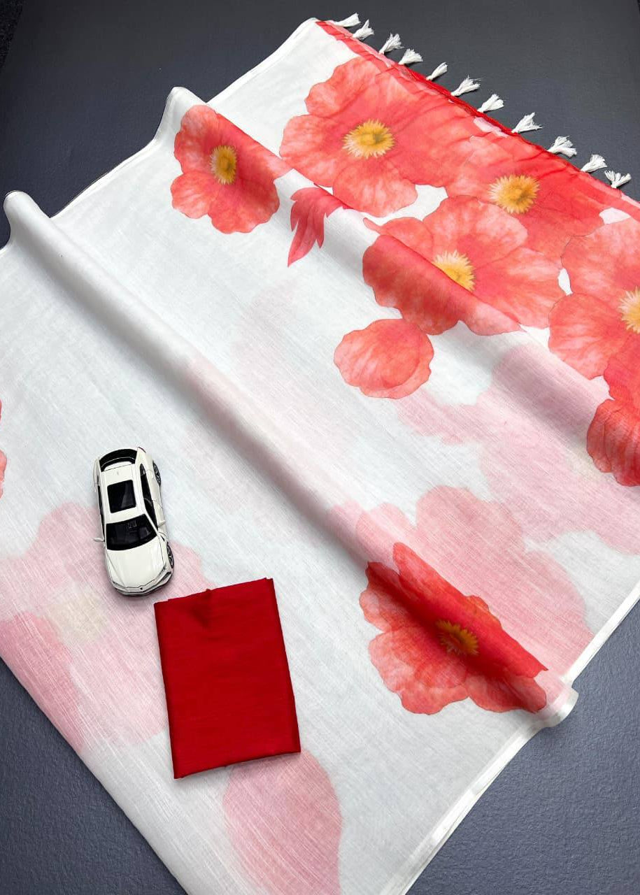 Shriwal Pushp Leher Linen Cotton Digital Saree(5 Colours)