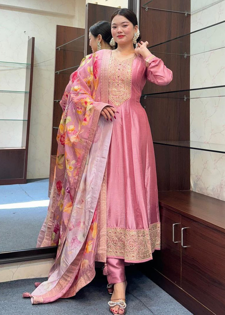 Shriwal Pastel Pink Embroidered Roman Silk Suit Set