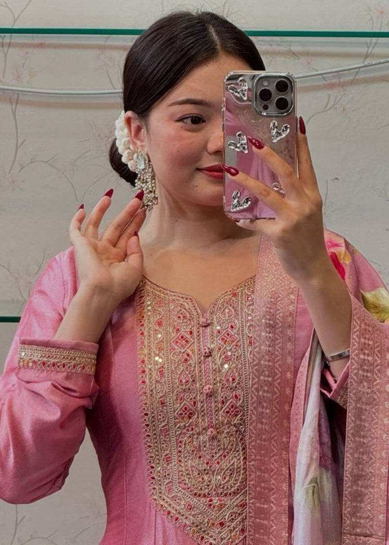 Shriwal Pastel Pink Embroidered Roman Silk Suit Set