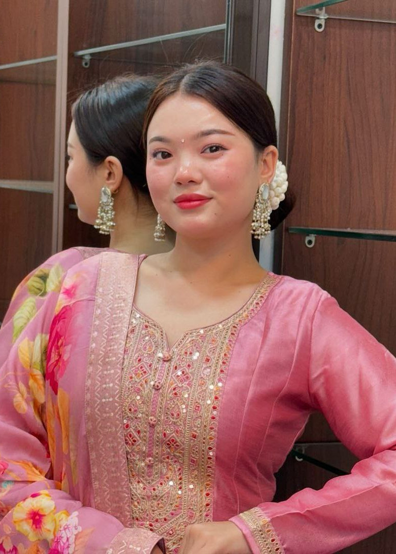 Shriwal Pastel Pink Embroidered Roman Silk Suit Set