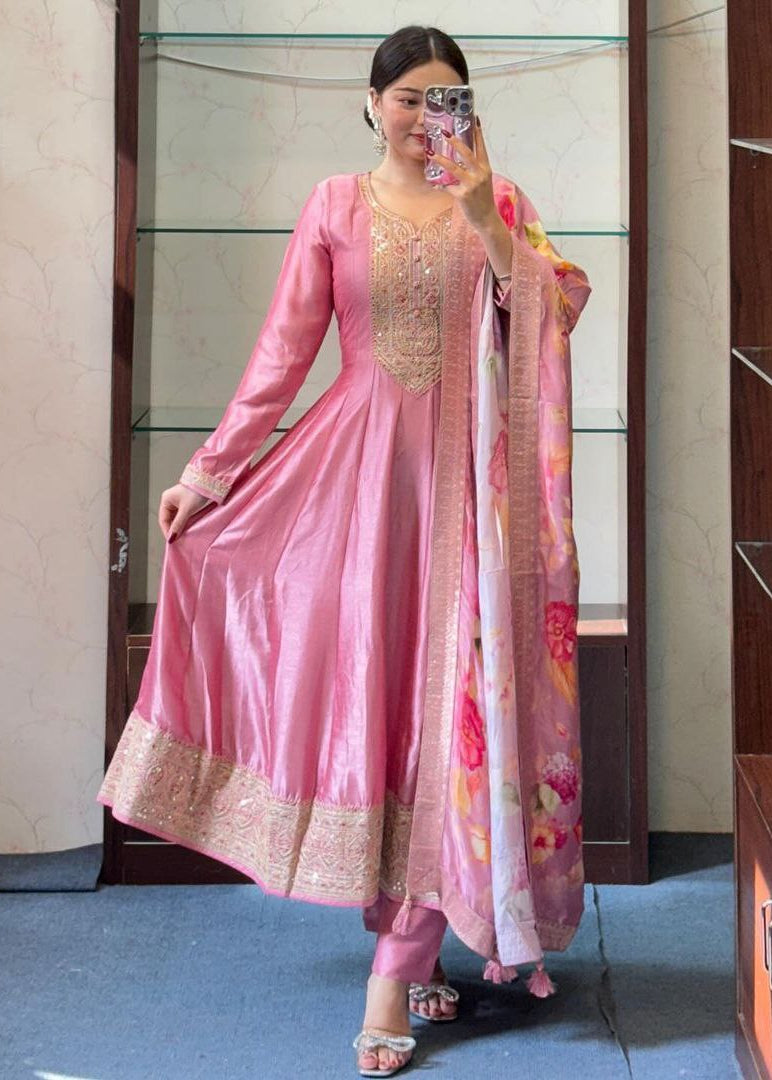Shriwal Pastel Pink Embroidered Roman Silk Suit Set
