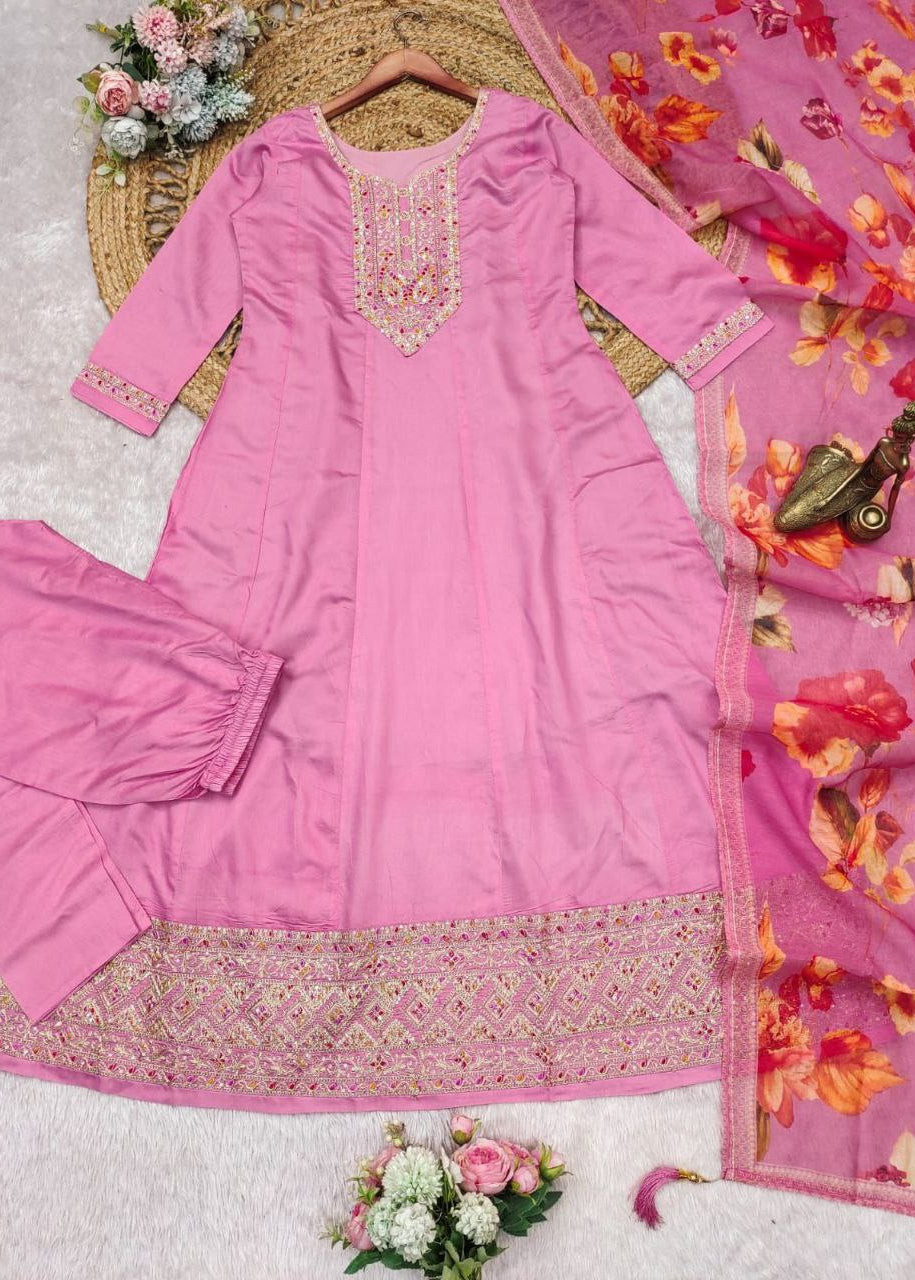 Shriwal Pastel Pink Embroidered Roman Silk Suit Set