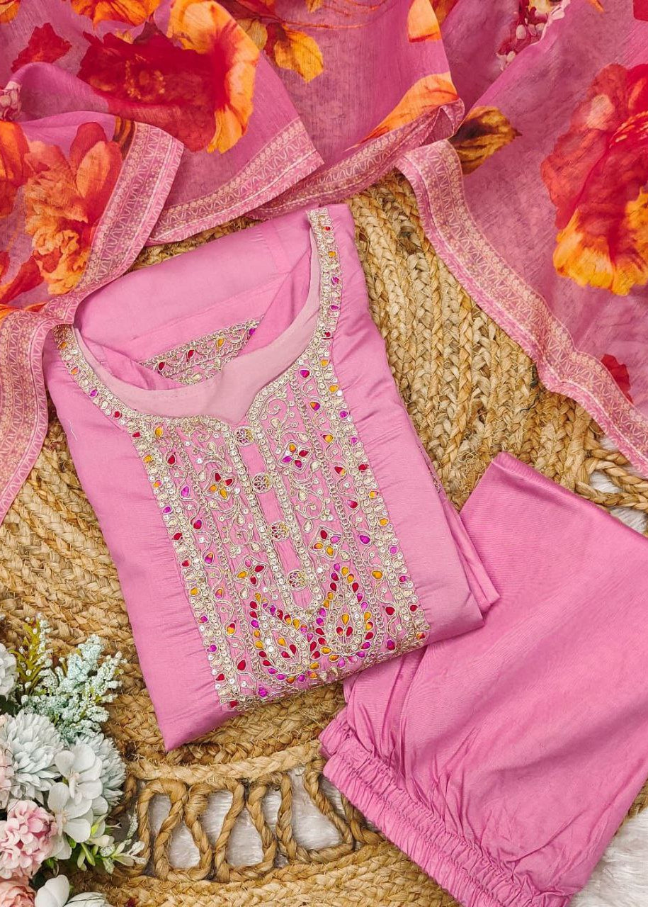Shriwal Pastel Pink Embroidered Roman Silk Suit Set