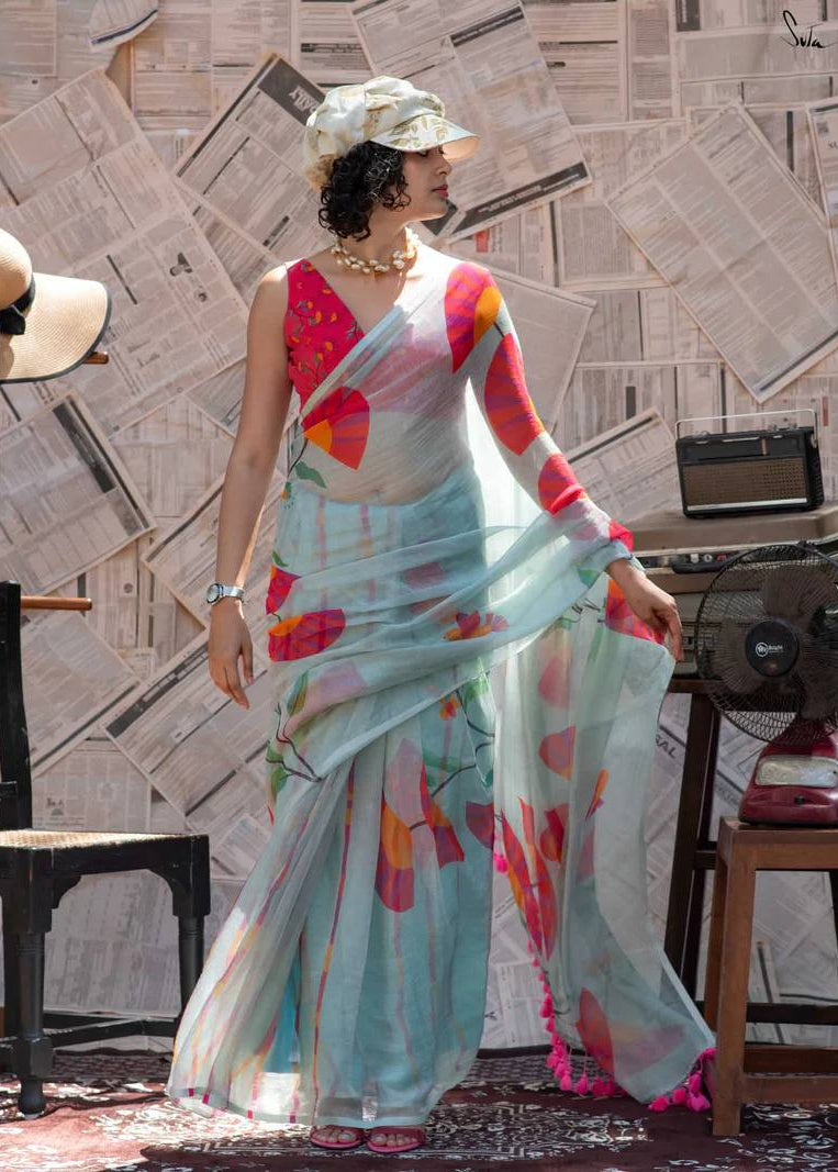 Shriwal Aqua Bloom Digital Linen Saree