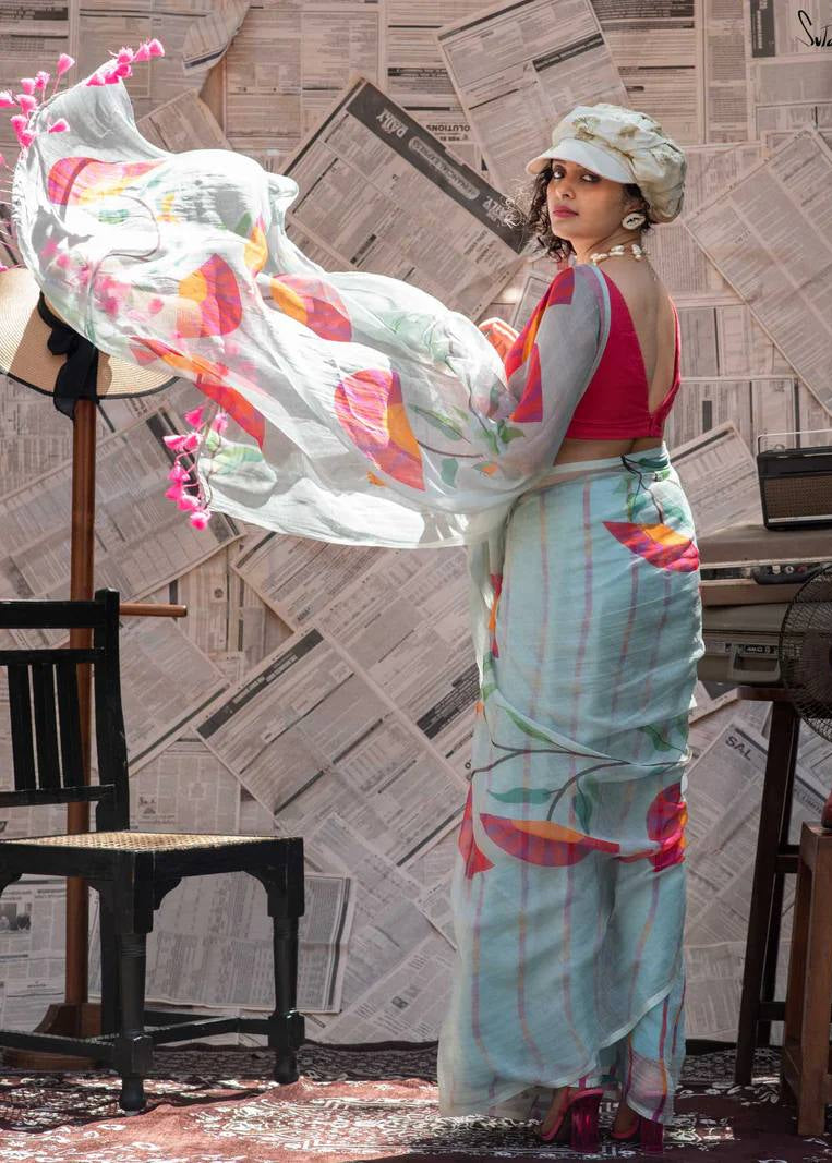 Shriwal Aqua Bloom Digital Linen Saree