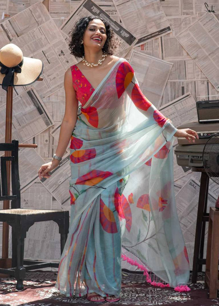 Shriwal Aqua Bloom Digital Linen Saree