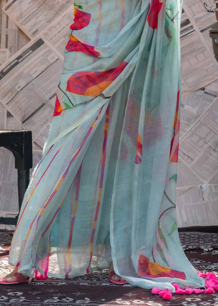 Shriwal Aqua Bloom Digital Linen Saree
