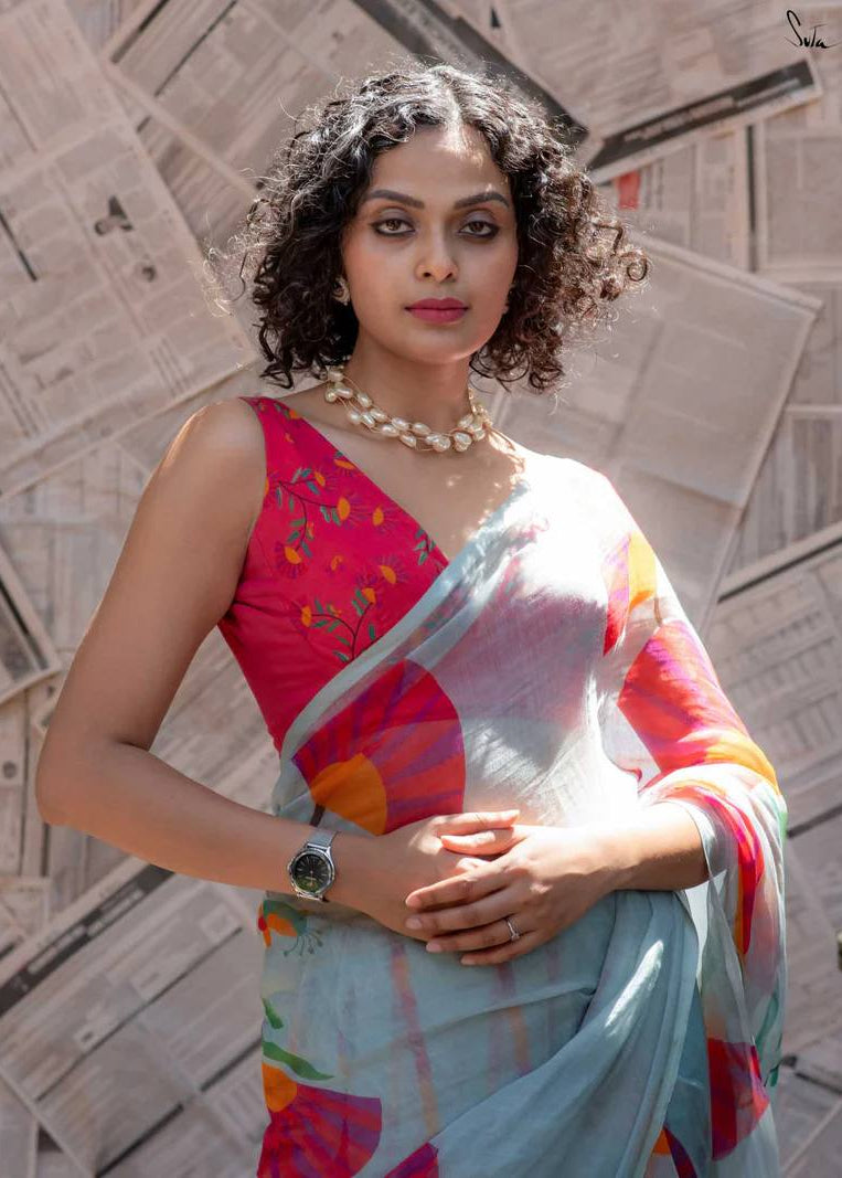 Shriwal Aqua Bloom Digital Linen Saree