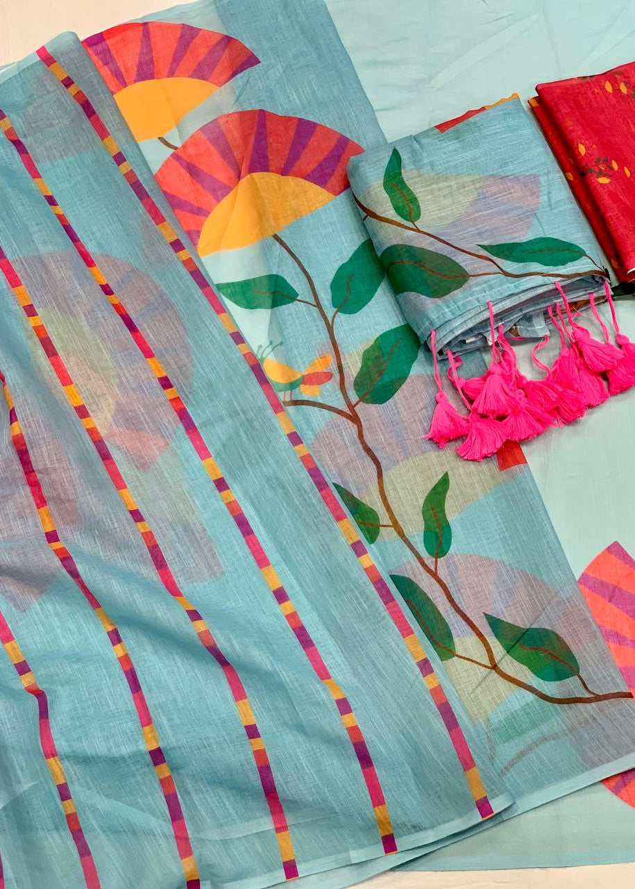 Shriwal Aqua Bloom Digital Linen Saree