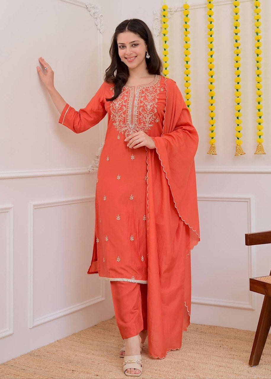 Shriwal Stylish Baby Pink or Peach Pure Mul Chanderi 3-Piece Kurti Set (2 colours)