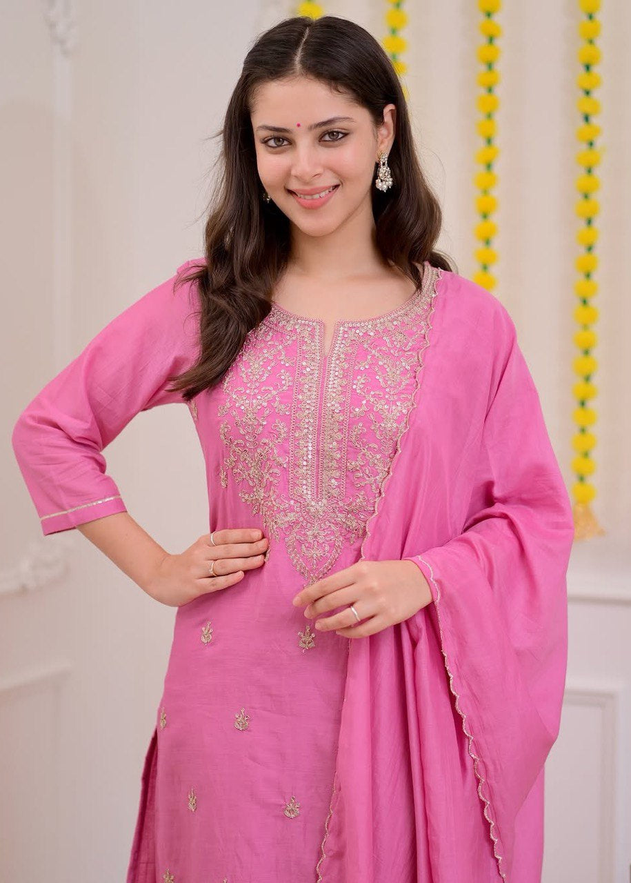Shriwal Stylish Baby Pink or Peach Pure Mul Chanderi 3-Piece Kurti Set (2 colours)