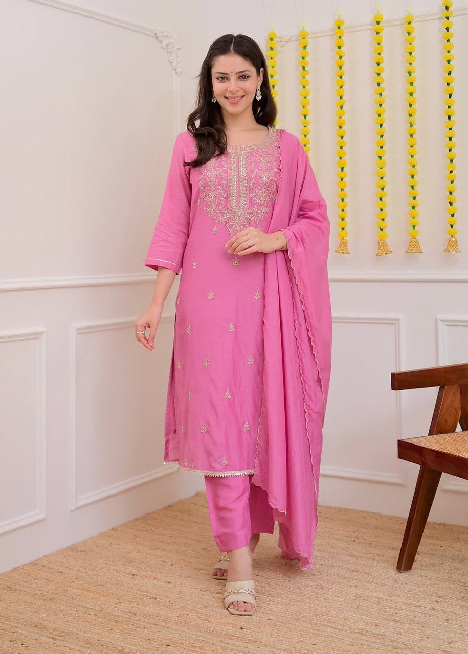 Shriwal Stylish Baby Pink or Peach Pure Mul Chanderi 3-Piece Kurti Set (2 colours)
