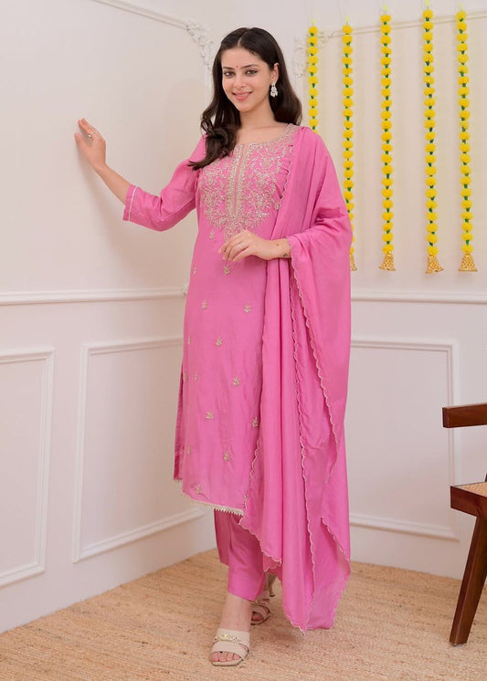 Shriwal Stylish Baby Pink or Peach Pure Mul Chanderi 3-Piece Kurti Set (2 colours)