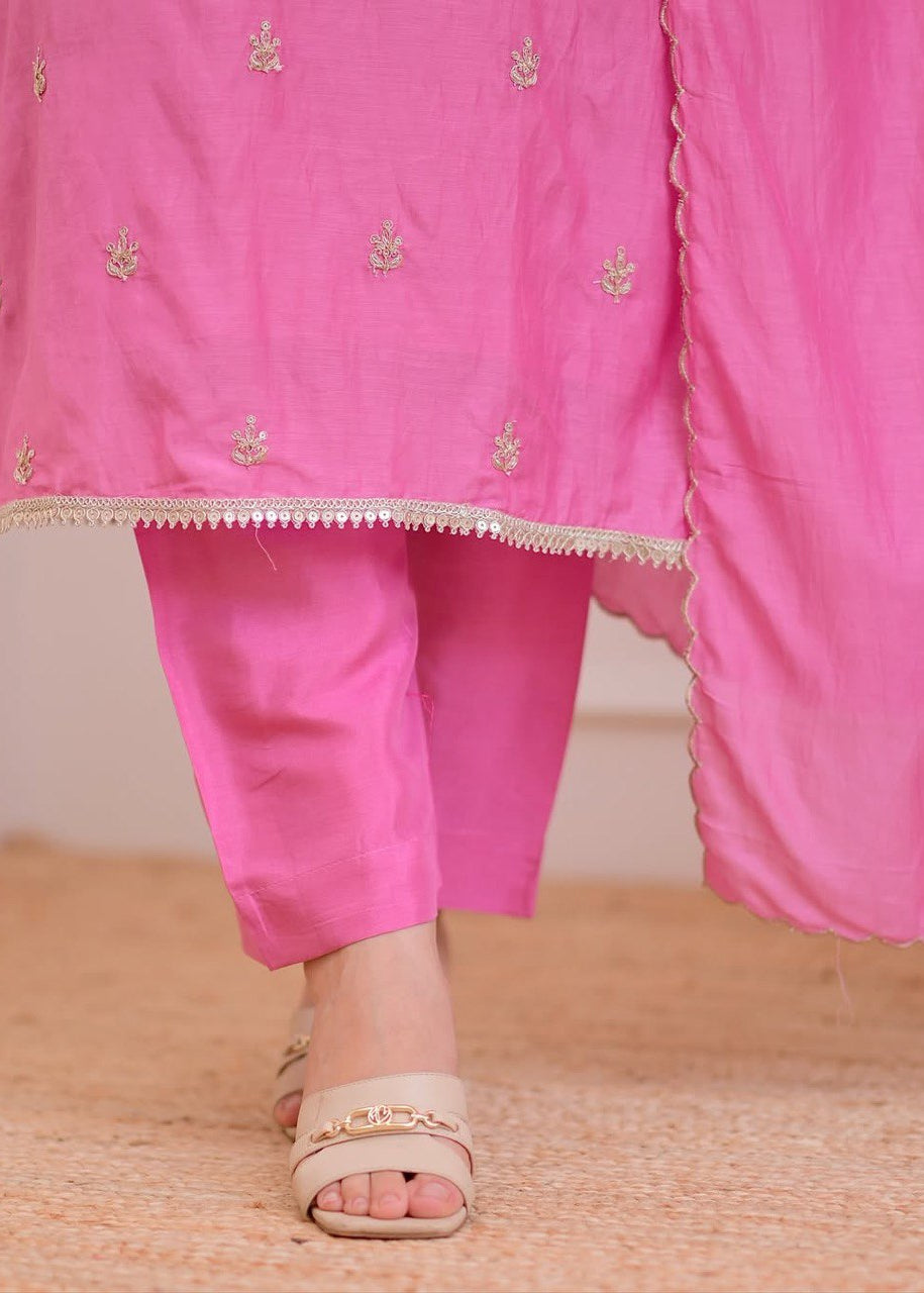 Shriwal Stylish Baby Pink or Peach Pure Mul Chanderi 3-Piece Kurti Set (2 colours)