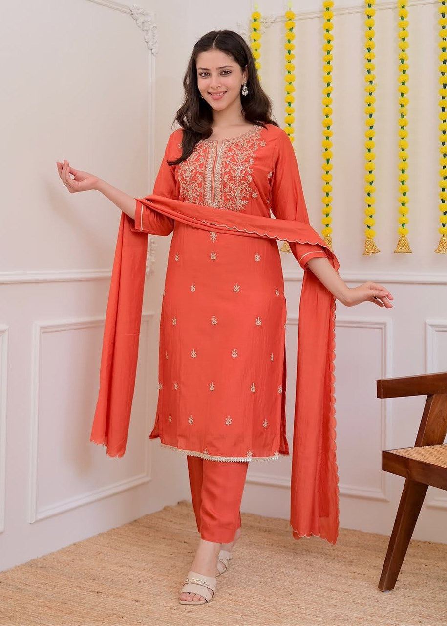 Shriwal Stylish Baby Pink or Peach Pure Mul Chanderi 3-Piece Kurti Set (2 colours)