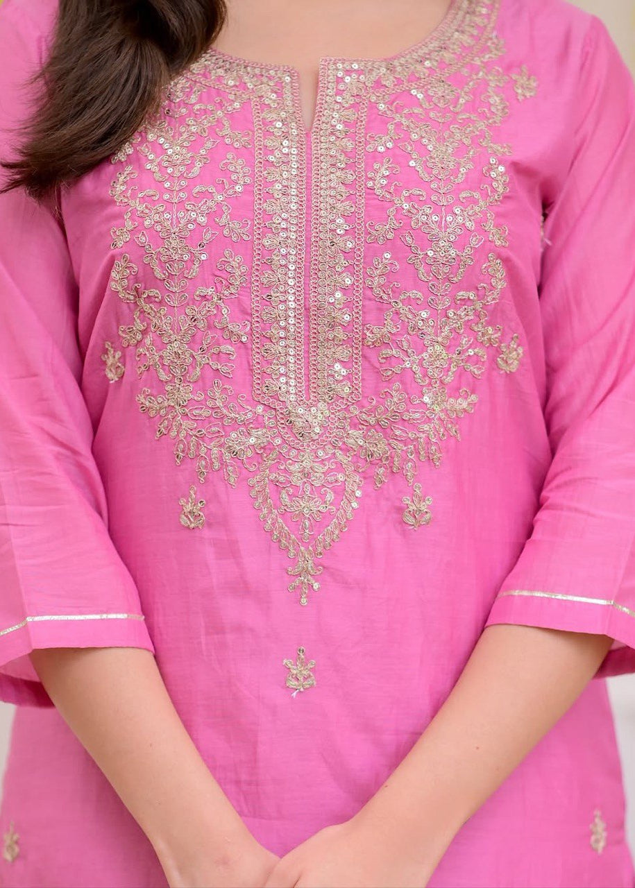 Shriwal Stylish Baby Pink or Peach Pure Mul Chanderi 3-Piece Kurti Set (2 colours)