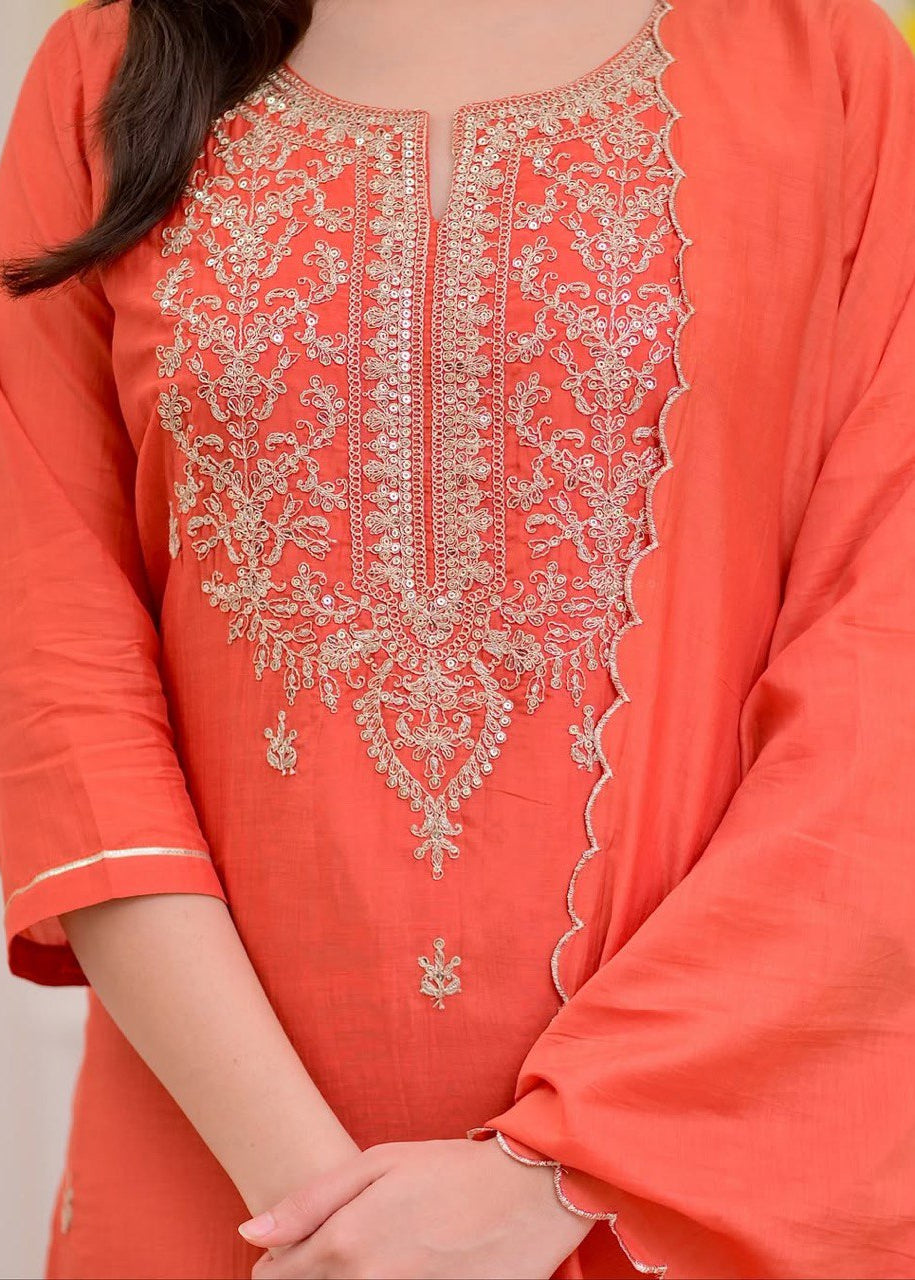 Shriwal Stylish Baby Pink or Peach Pure Mul Chanderi 3-Piece Kurti Set (2 colours)