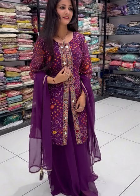 Shriwal Georgette Bandhani Printed Kurti Set with Palazzo & Dupatta(2 Colours)