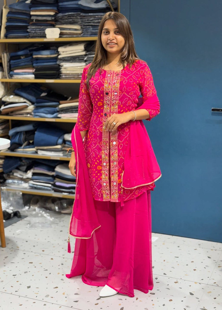 Shriwal Georgette Bandhani Printed Kurti Set with Palazzo & Dupatta(2 Colours)