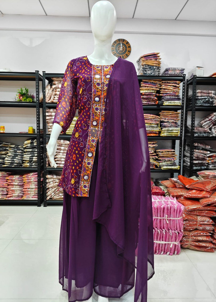 Shriwal Georgette Bandhani Printed Kurti Set with Palazzo & Dupatta(2 Colours)