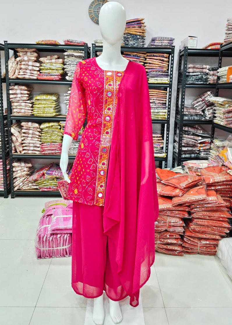 Shriwal Georgette Bandhani Printed Kurti Set with Palazzo & Dupatta(2 Colours)