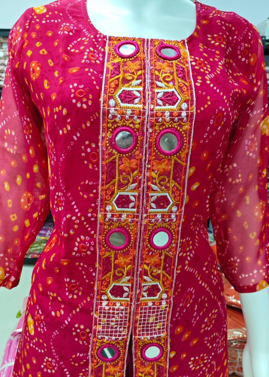 Shriwal Georgette Bandhani Printed Kurti Set with Palazzo & Dupatta(2 Colours)