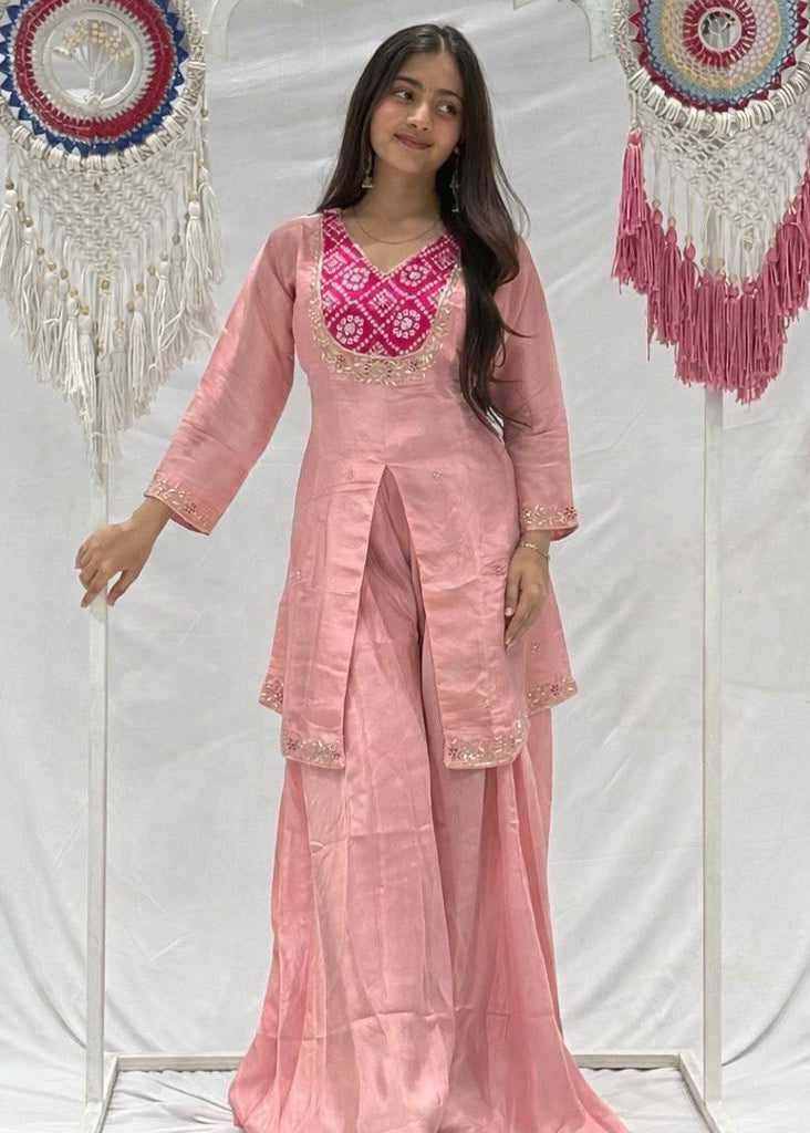 Shriwal peach Embroidered Kurti with Flowy Palazzo Set