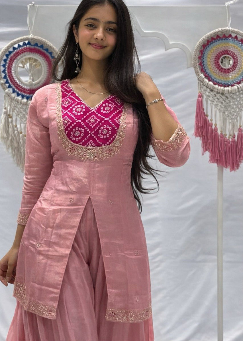 Shriwal peach Embroidered Kurti with Flowy Palazzo Set