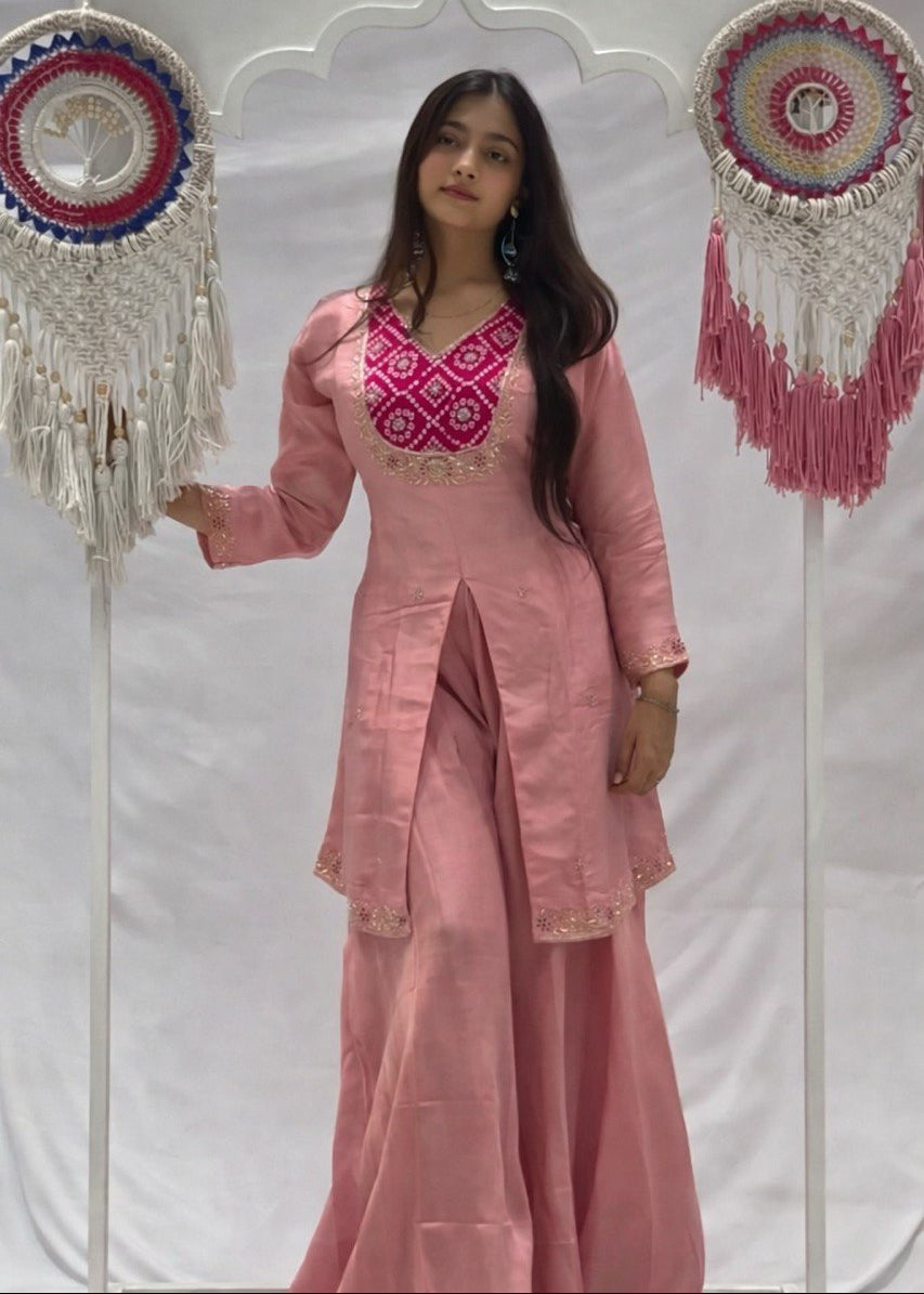 Shriwal peach Embroidered Kurti with Flowy Palazzo Set