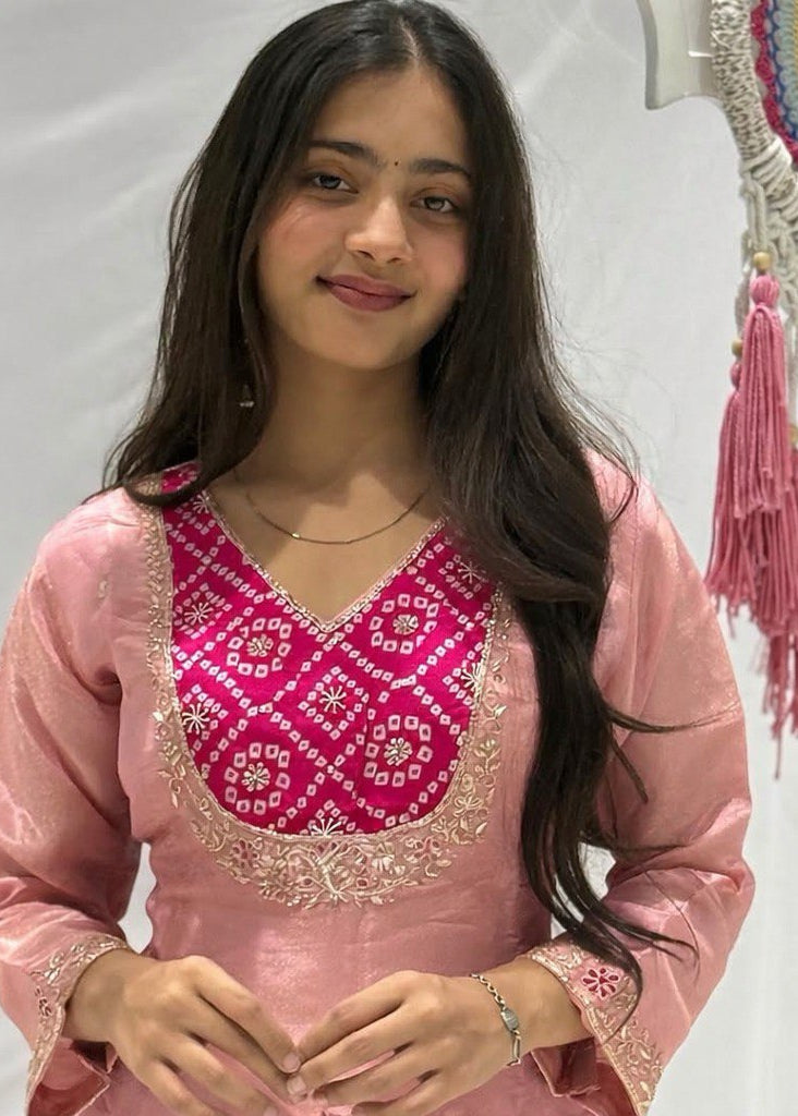 Shriwal peach Embroidered Kurti with Flowy Palazzo Set