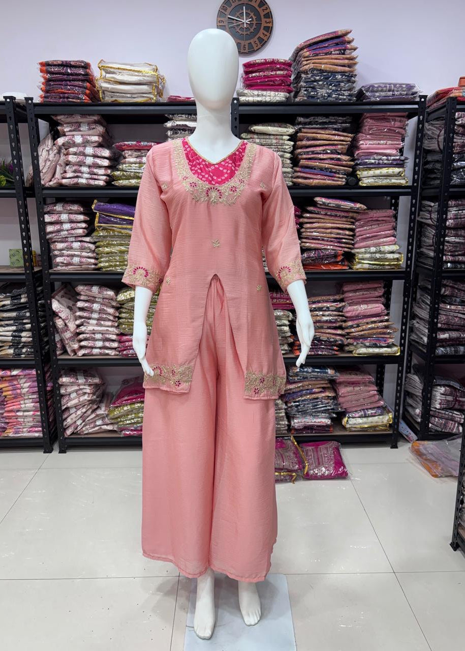 Shriwal peach Embroidered Kurti with Flowy Palazzo Set