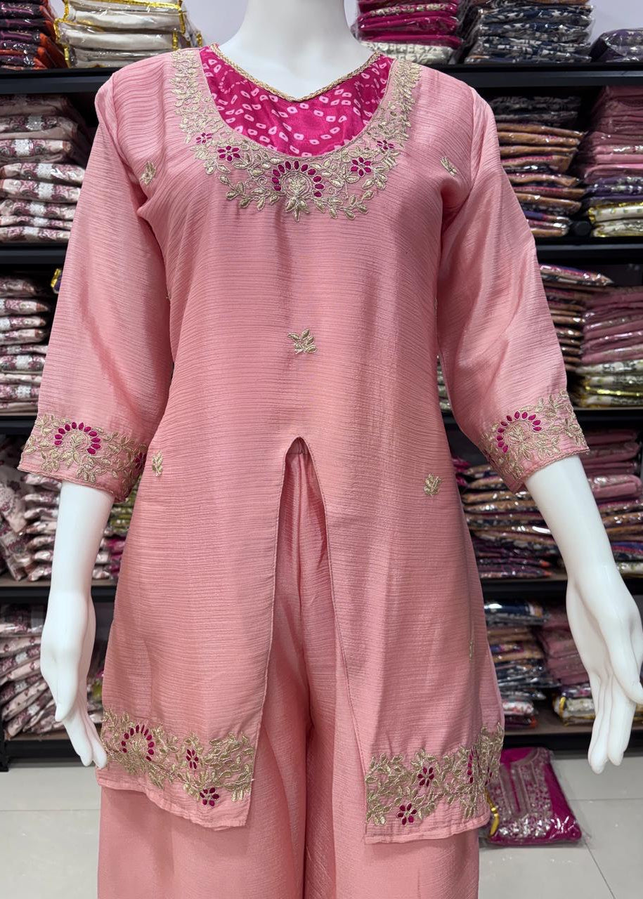 Shriwal peach Embroidered Kurti with Flowy Palazzo Set