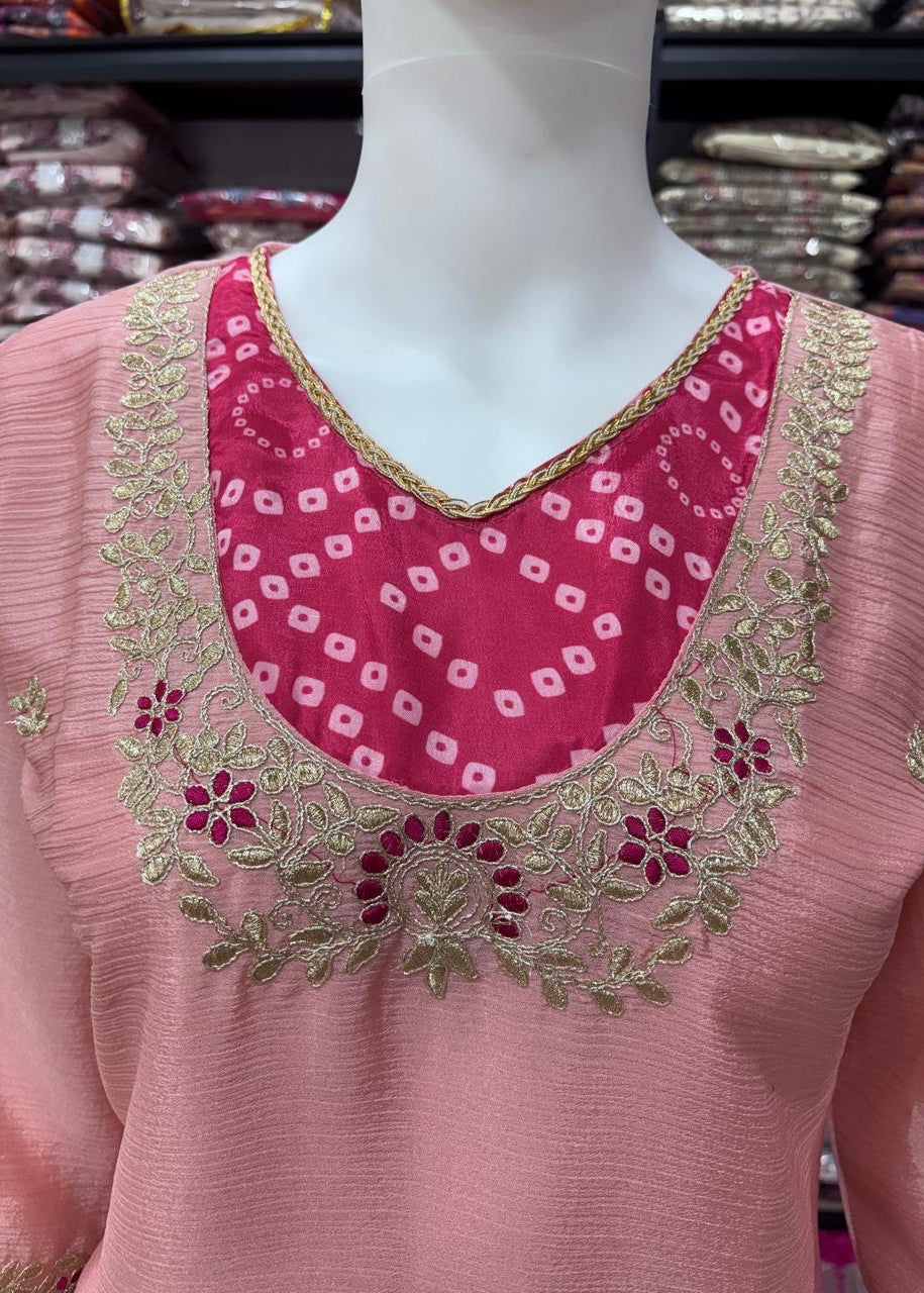 Shriwal peach Embroidered Kurti with Flowy Palazzo Set